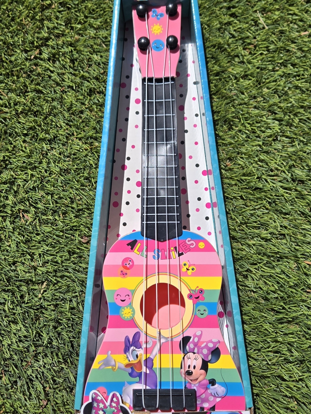 Disney Pink Striped Minnie & Daisy Kids Ukulele with Rainbow Accents NEW